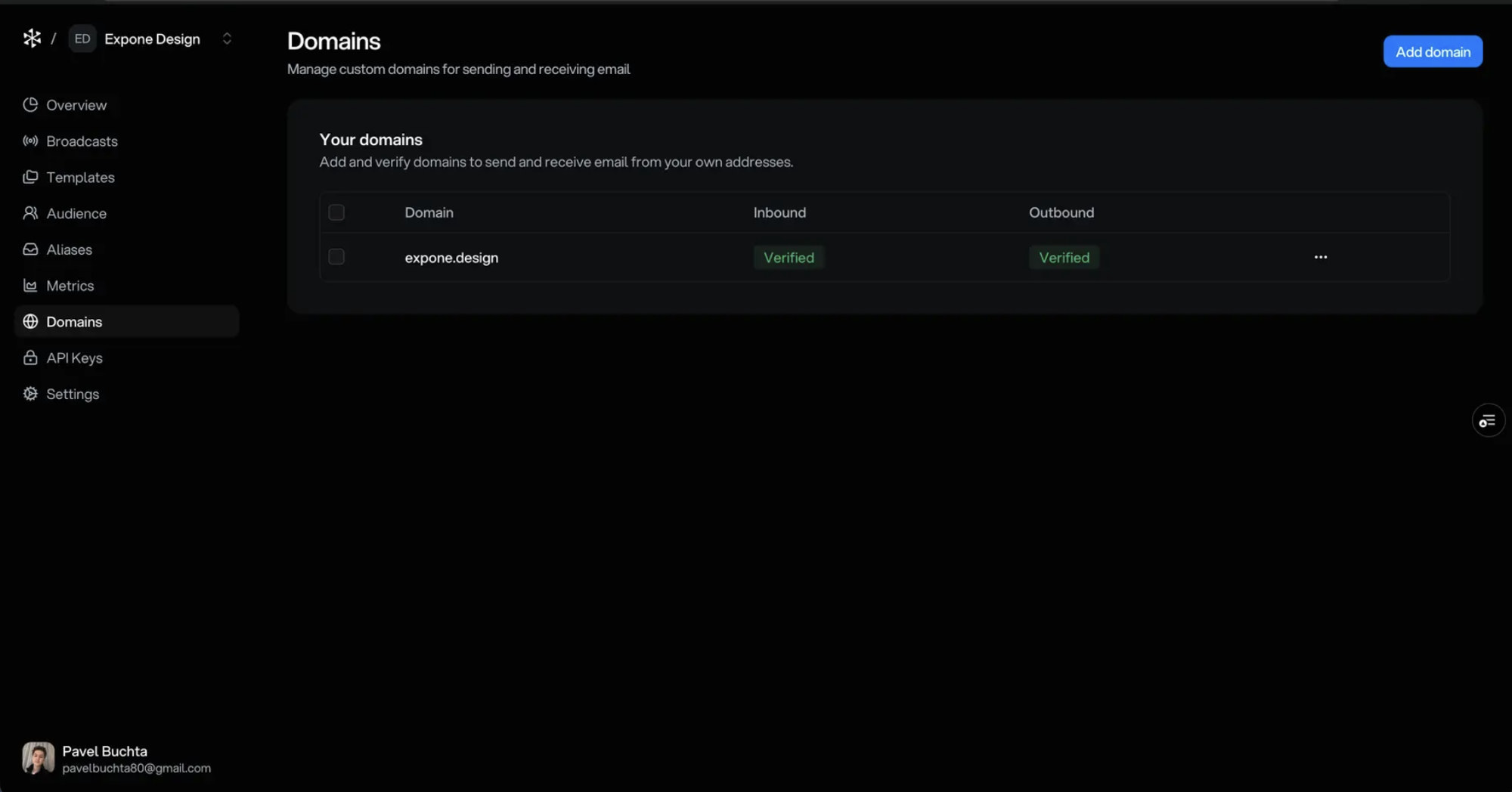 Noketa domains dashboard — verified inbound and outbound for expone.design